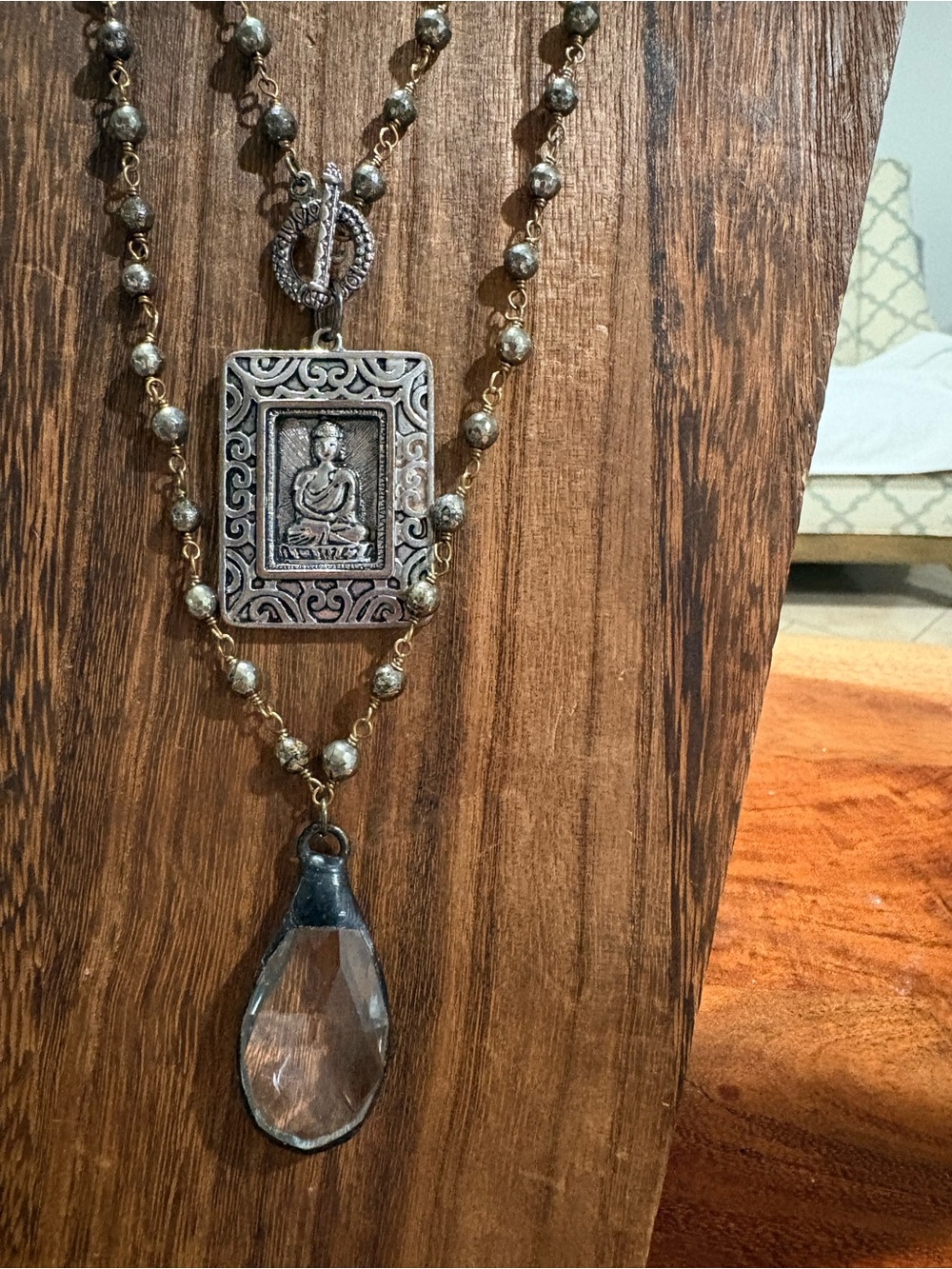 Layered Brown Bead Pendant Necklace with Clear Teardrop & Budha pendant set - Picture 4 of 6